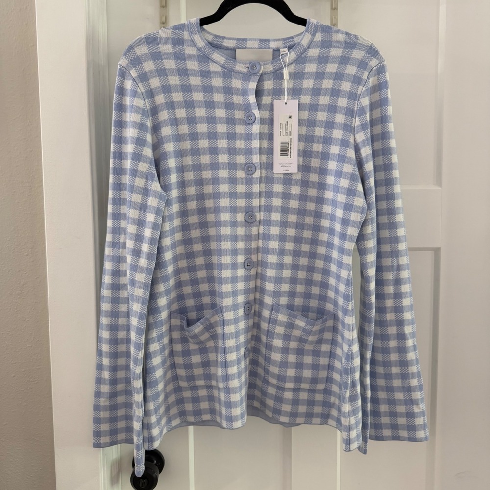 525 America Gingham Button Front Cardigan Blue White NWT L Cottagecore Preppy